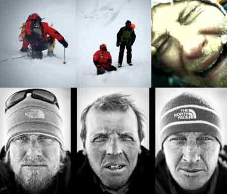
UL: Simone Moro Leading In Deep Snow. UC: Simone Moro and Denis Urubko after the avalanche. UR: A distraught Cory Richards After The Avalanche. Lower: Portrait Of Cory Richards, Simone Moro And Denis Urubko After Gasherbrum II First Winter Ascent. - Gasherbrum II Cory Richards Video
